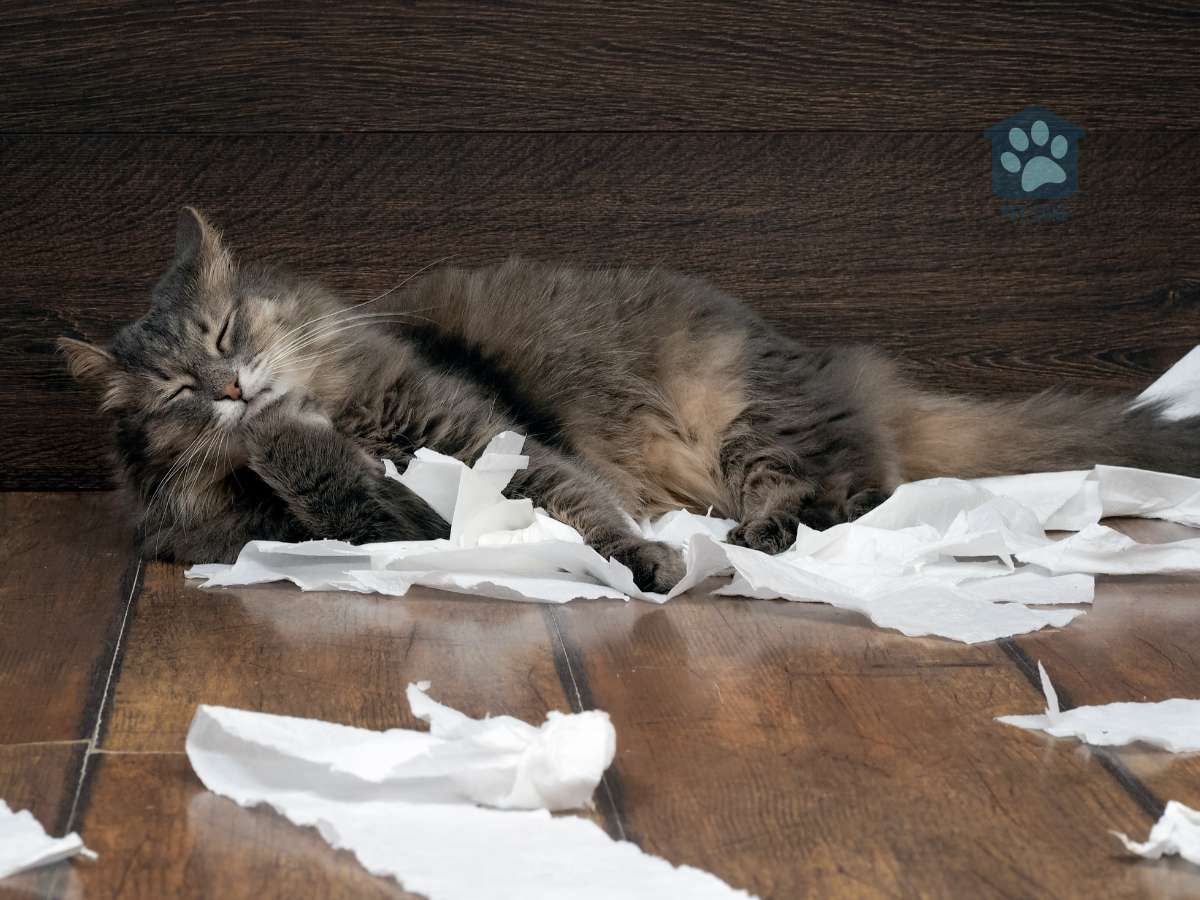 cat laying on chewed toilet paper