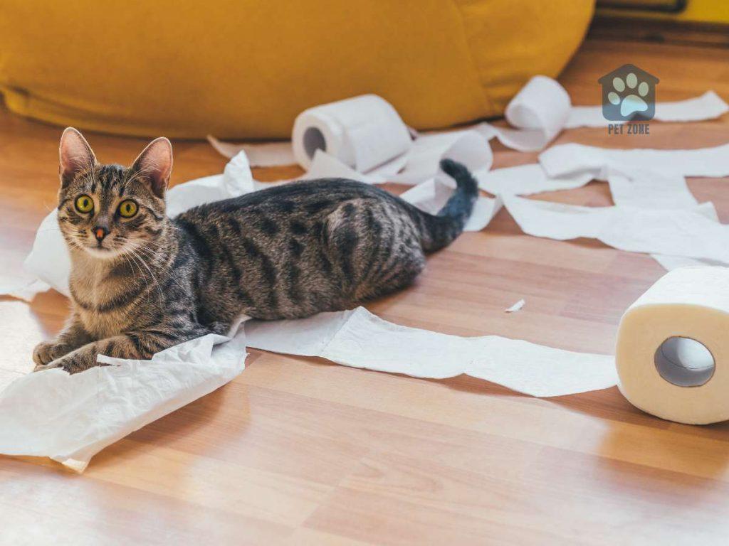 cat sitting on chewed toilet paper
