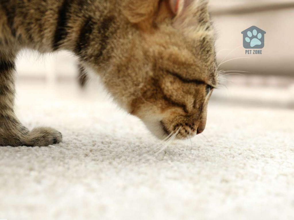 cat sniffing carpet