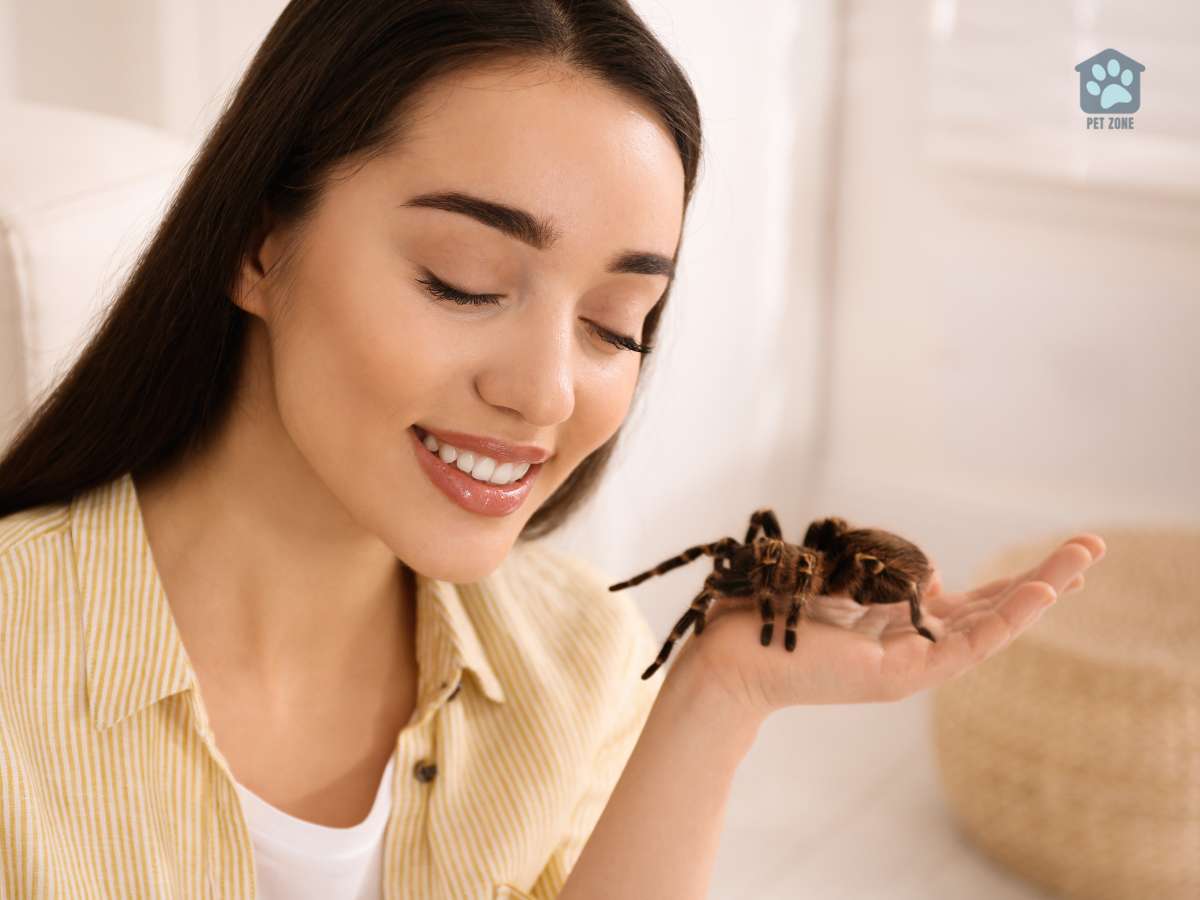 smiling woman holding tarantula