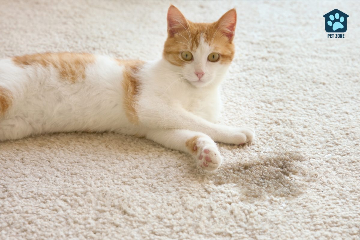 cat laying next to pee stain on carpet