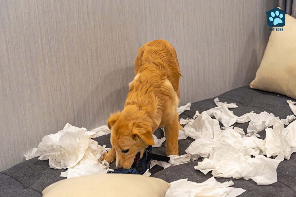 dog chewing on toilet paper