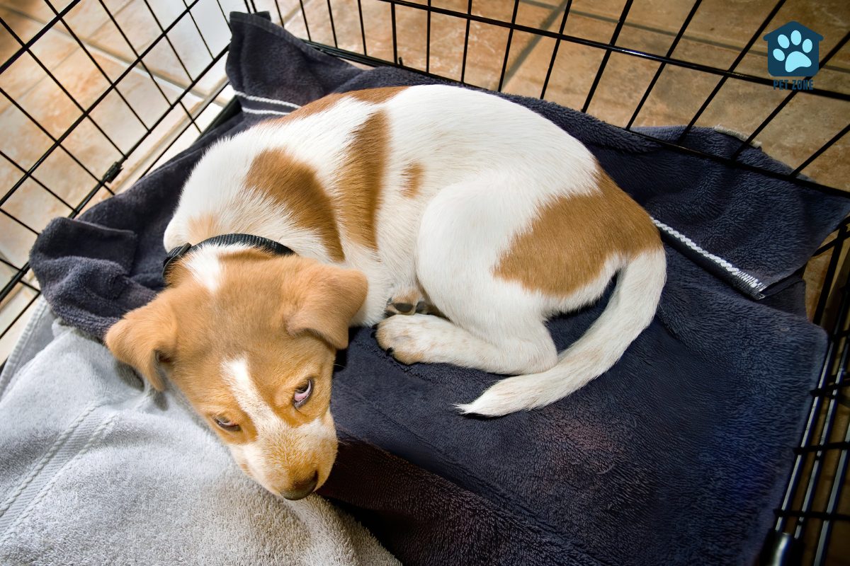 dog laying on blanket inside crate