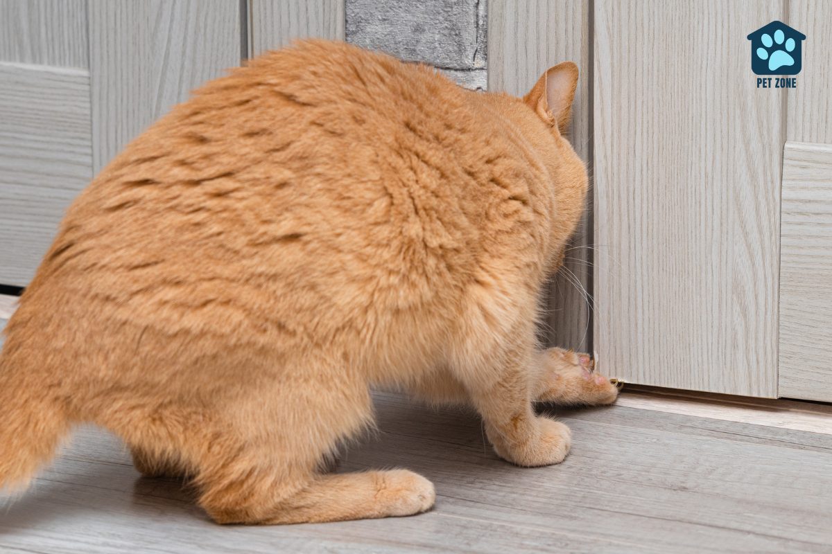 orange cat scratching at closed door