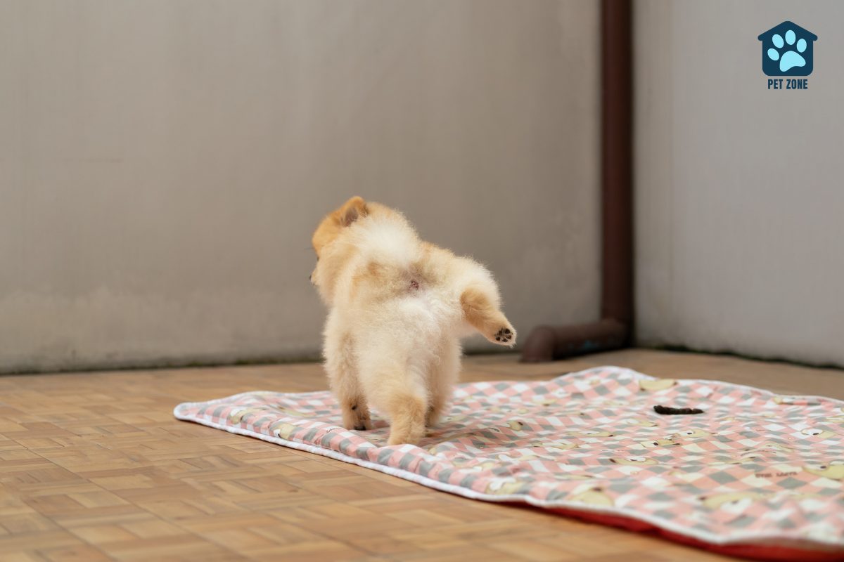 small dog using pee pad indoors