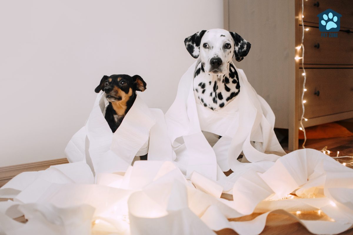 two guilty dogs wrapped in rolls of paper