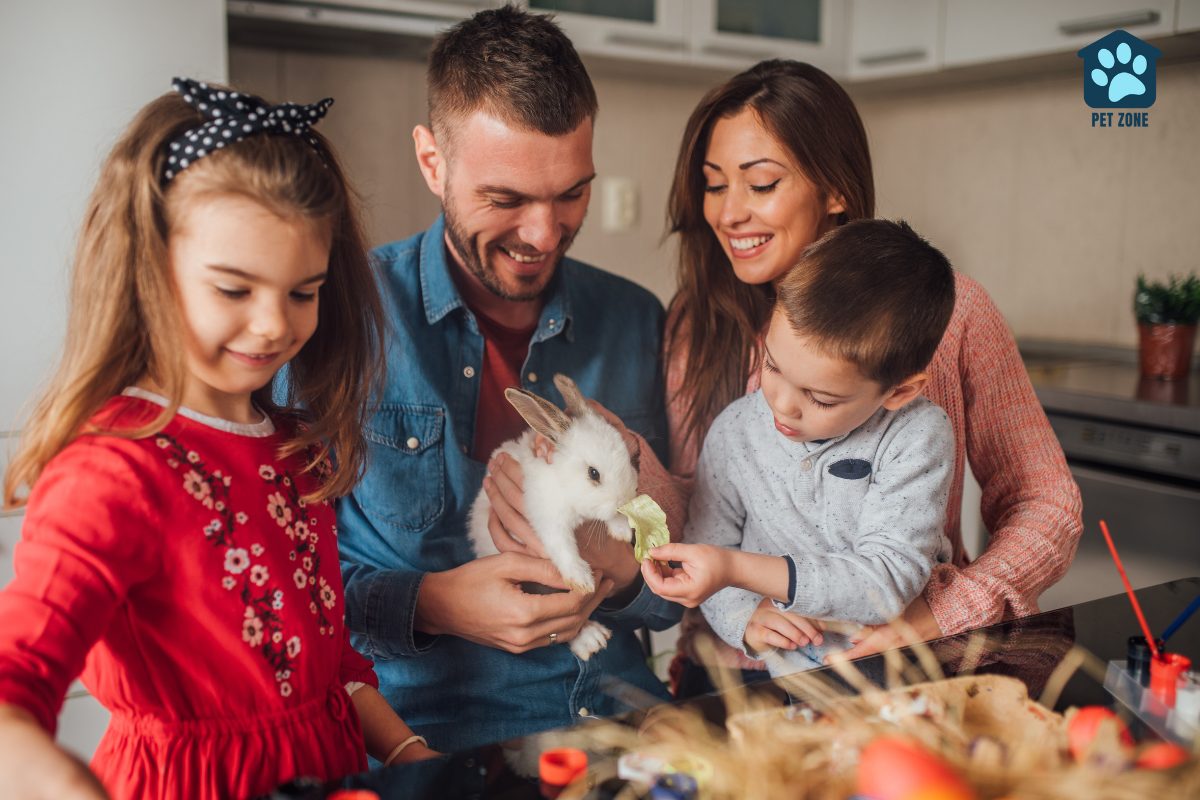 family with rabbit in kitchen