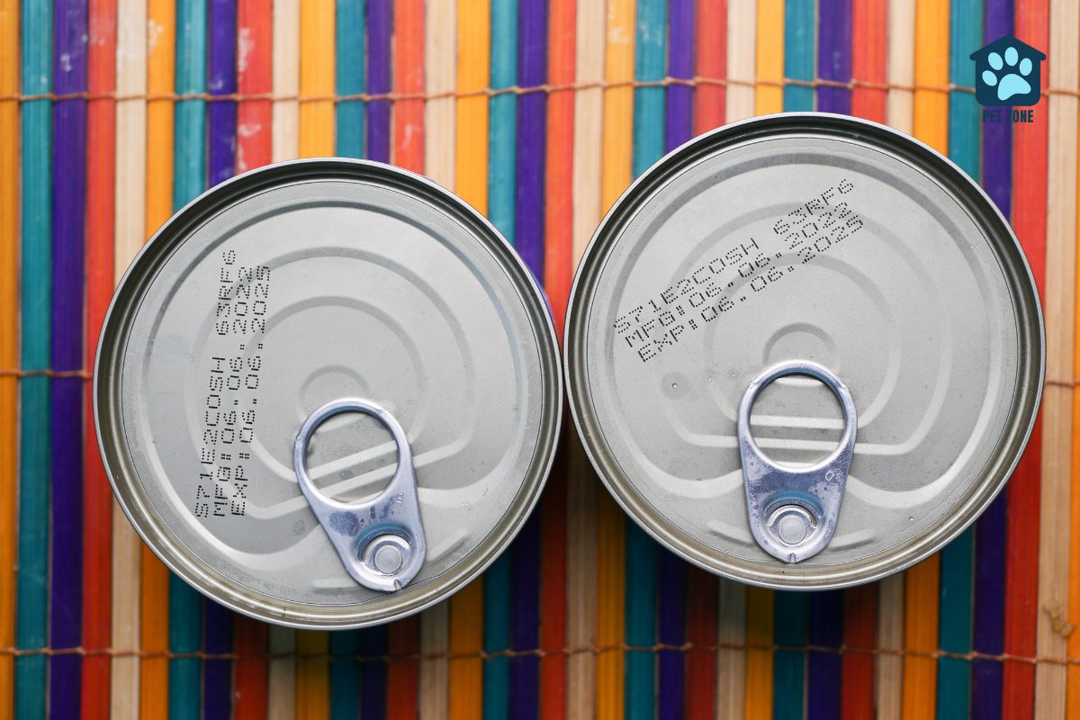 two cans of dog food stamped with expiration date